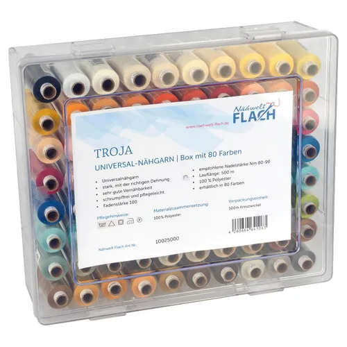 Nähwelt Flach Troja Acryl-Garnbox – 80 Farben Allesnäher Nähgarn - Nähgarne in 80 Farben, 500 m pro Rolle, aus strapazierfähigem 100 % Polyester – perfekt für Hand- und Maschinennähen.