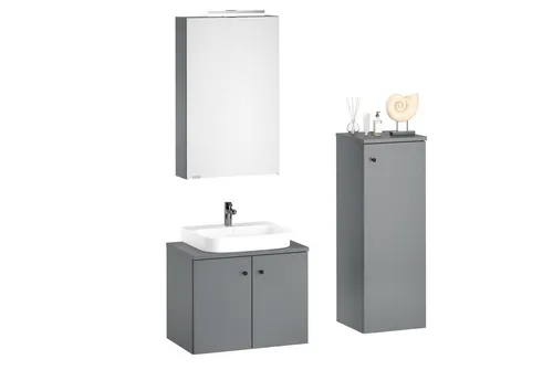 ERST-HOLZ Badmöbel-Set mit Spiegelschrank und Halbhochschrank in Grau - Modernes Badezimmermöbel-Set in Grau: Bietet stilvolle Wandmontage und viel Stauraum. Mit LED-Beleuchtung, verstellbaren Glasböden und hochwertiger Verarbeitung für langlebige Nutzung. Ideal für jedes Badezimmer!