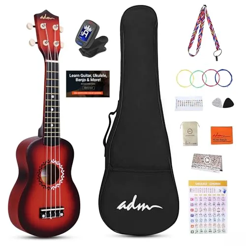 ADM Sopran Ukulele Set für Kinder und Anfänger, Ukulele Starter Kit mit Tasche, Stimmgerät, Regenbogensaiten, Bunter Gurt, Plektron, Griffbrettaufkleber, Akkord-Karte (Sunburst)