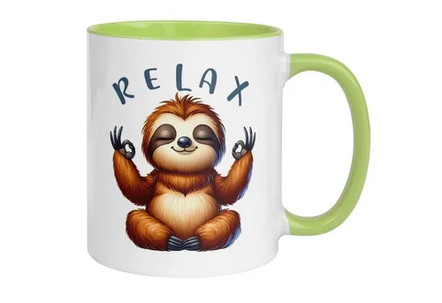 Momentals Tasse Faultier – „RELAX“ – lustiger Anti Stress Geschenk Becher Meditation, Beidseitiger Druck · Links- & Rechtshänder · Spülmaschinenfest