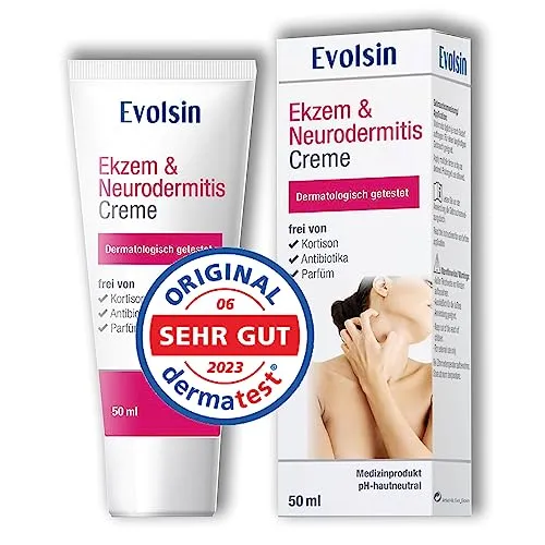 Evolsin Ekzem & Neurodermitis Creme - Medizinprodukt zur Linderung von Ekzemen und Neurodermitis, beruhigt gereizte Haut und lindert Juckreiz, hautfreundlich und frei von Corticoiden und Antibiotika.
