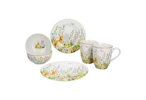 MamboCat Frühstücks-Geschirrset 6tlg - Happy Easter für 2 Personen - Geschirr-Frühstückssets aus hochwertigem Porzellan, perfekt für ein fröhliches Osterfrühstück mit bunten Designs.