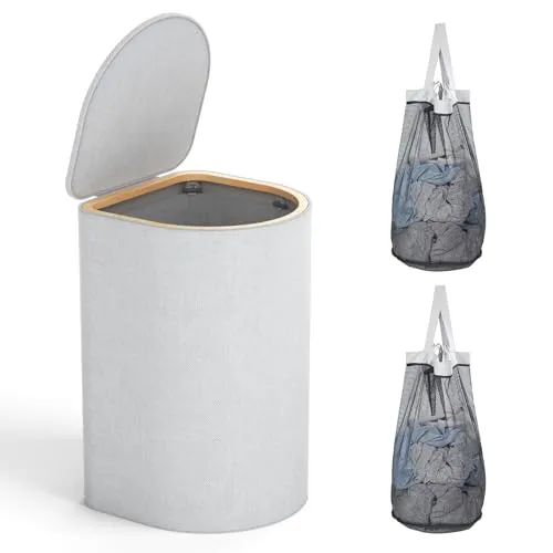 HELLKOPF Wäschekorb Holz mit Deckel - 70 Liter - Wäschekorb mit 2 herausnehmbaren Wäschesäcken, ideal zur einfachen Wäschesortierung und für ein ordentliches Zuhause. Perfekt für Schlafzimmer und Badezimmer.