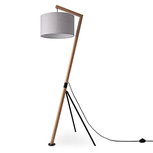 Paco Home Stehlampe Holz Standleuchte - Standleuchte für Wohnzimmer und Büro im modernen Vintage-Stil, gefertigt aus stabilem Bambus und Kiefernholz mit hochwertigem Stoffschirm in Grau oder Weiß.