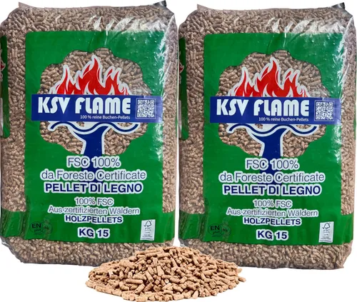 KSV FLAME Buchen Pellets 30kg - Grillpellets für unvergleichliches Aroma - Grillanzünder – 100% Buchenholz für mild-rauchigen Geschmack und lange Brenndauer, ideal für Grill, Smoker und Räucherofen.