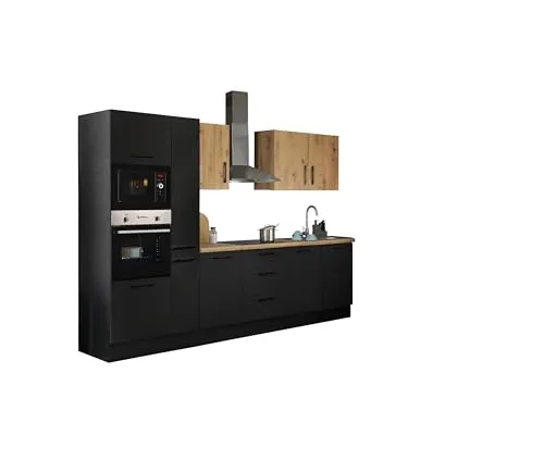 Stella Trading Turin ZBM Küchenzeile 300 x 211 x 60 cm, schwarz - Moderne Küchenzeile mit viel Stauraum - MODERN - Die stilvolle Küchenzeile in mattem Schwarz und Artisan-Eiche Optik bietet großzügigen Stauraum und clevere Aufbewahrungslösungen. Die Montage ist einfach und schnell, ideal für jeden Hobbykoch.