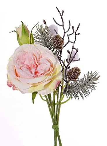 artplants.de Kunst Strauß Rosenstrauß Fanni, Zapfen, beschneit, rosa, 30cm, Ø 15cm - Künstliches Gesteck - Fake Blumen