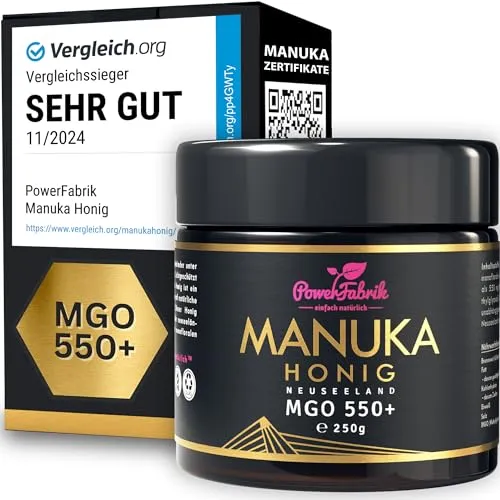 PowerFabrik Manuka Honig MGO 550+ 250g - 100% natürlicher, originaler Manuka Honig aus Neuseeland, in einem lichtundurchlässigen Glasbehälter verpackt. Ideal für Gesundheit und Genuss, doppelt geprüft für höchste Qualität.