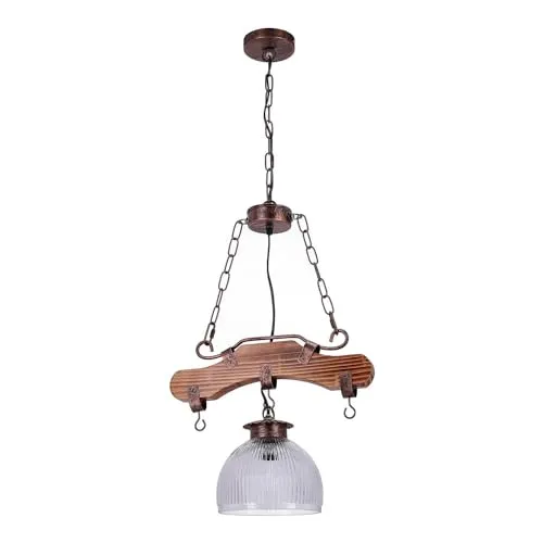 TIBU Holz Lampe Vintage Holz Hängelampe Esstisch Wohnzimmer E27 höhenverstellbar Bügel 1 flammig