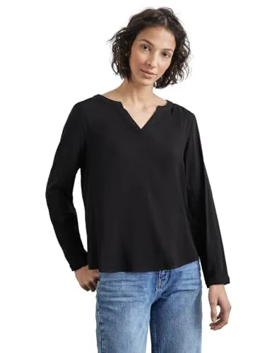 STREET ONE Damen A344987 Bluse in Schwarz, Größe 34 - Elegante Damenbluse mit geschlitztem Rundhals und seitlichen Schlitzen, ideal für einen stilvollen Look im Alltag.