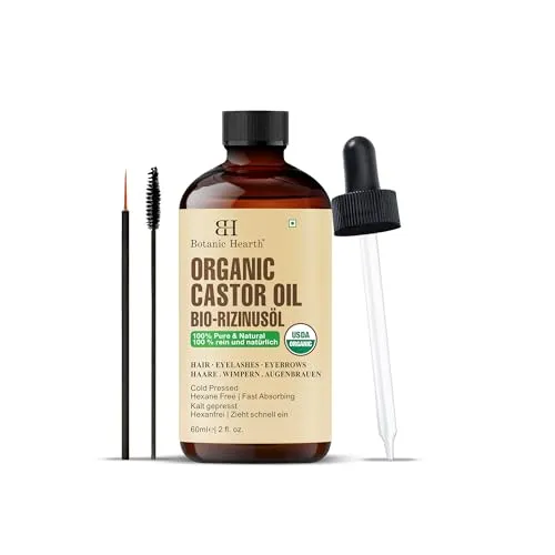 Botanic Hearth Rizinusöl 60 ml (Castor Oil) | USDA-zertifiziertes Bio | 100% rein und hexanfrei | Kaltgepresst | Wachstum für Wimpern, Augenbrauen, Haare | Mit Augenbrauen- und Wimpernbürste