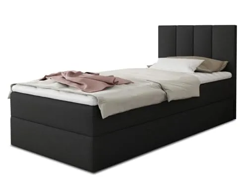 Boxspringbett Star Mini mit Bettkasten – Einzelbett mit Topper (80 x 200 cm, Schwarz) - Stylisches Polsterbett mit praktischem Bettkasten und Luxus Bonell-Matratze. Inklusive hochelastischem Matratzentopper für optimalen Schlafkomfort.