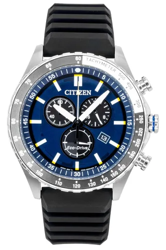 Citizen AT2569-04L Eco-Drive Herren-Chronograph Schwarz/Blau - Moderne Solar-Armbanduhr mit Eco-Drive-Technologie, keine Batteriewechsel nötig. 150 Tage Gangreserve, stilvolles Design mit lumineszierenden Zeigern und kratzfestem Glas, ideal für den täglichen Gebrauch.