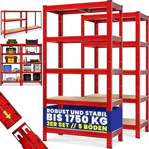 monzana Schwerlastregal 2er Set, 875 kg Tragkraft - Schwerlastregal im 2er Set, pulverbeschichtet mit 5 variabel montierbaren MDF-Böden. Ideal für Keller und Werkstatt, trägt bis zu 875 kg und bietet hohe Stabilität.