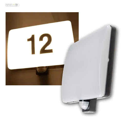ChiliTec Wandleuchte Padar - LED Hausnummernleuchte mit Bewegungsmelder - Wandleuchte für Außen mit warmweißem Licht und IP65 Schutz. Bewegungsmelder erkennt Bewegung und schaltet Licht automatisch ein. Inkl. Zahlensätze für individuelle Hausnummern.