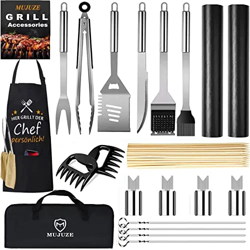 MUJUZE Grillbesteck Set,Grillzubehör Männer Geschenk,Grillset für Männer Papa Geschenk,Grill Zubehör Set aus Edelstahl im Koffer,BBQ Gasgrill zubehör für Garten und Camping(BBQ Set mit Grillschürze)