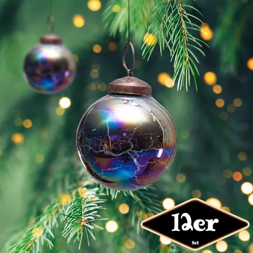 Christbaumkugelset, Rund, 12er Set | Glas, farbig, krakeliert | H7,0xB6,0cm