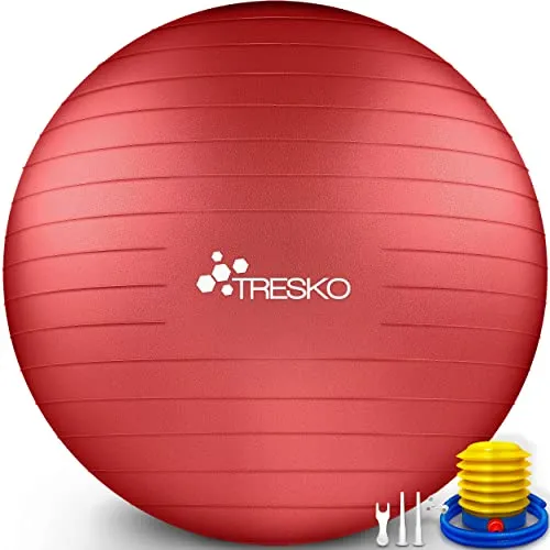 TRESKO Gymnastikball mit GRATIS Übungsposter inkl. Luftpumpe - Yogaball BPA-Frei | Sitzball Büro | Anti-Burst | 300 kg,Rot,75cm (für Körpergröße 175 - 185cm)