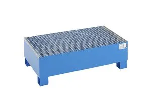 eurokraft basic Stahl-Auffangwanne für 200-l-Fässer, LxBxH 1200 x 800 x 360 mm, mit Zulassung, blau pulverbeschichtet, mit Gitterrost