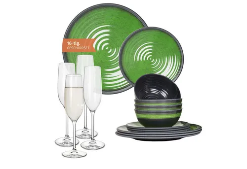 Moritz Geschirr-Set Camping Geschirr Stone Green mit Tiamo Champagnergläser - Praktisches Melamin Geschirr-Set für 4 Personen in Stone Green, ideal für Camping und Outdoor. Inklusive wahlweise Tiamo Champagnergläser für festliche Anlässe.