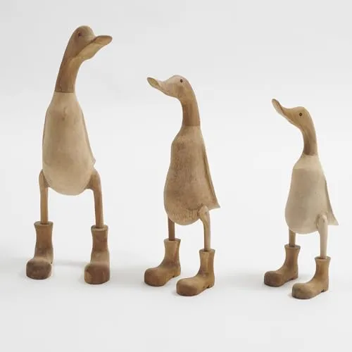 Bamboona Deko-Enten mit Stiefeln aus Bambuswurzel und Holz, Naturfarben, Handgefertigt, Einzeln oder als Set (3er-Set Familie - S, M & L)