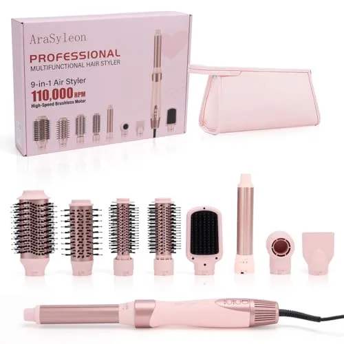 AraSyleon 9-in-1 Haarstyler Set – Ionen-Haarstyler mit 110.000 U/min Motor, 32mm Automatik-Lockenwalze, 68mm/48mm Ovale + 32mm/25mm Runde Warmluftbürsten, Glättbürste & Föhn-Adapter, Rosa mit Tasche
