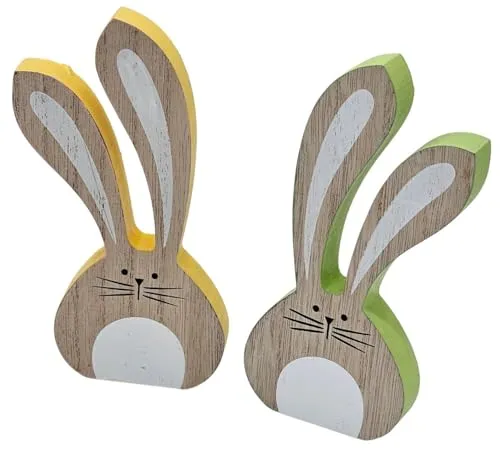 Bambelaa! Osterhase Deko Holz 2er Set Ostern Osterdeko Tisch Innen Hasen Pärchen Dekoration Osterhasen Figuren Osterdekoration Tischdeko Frühling Esstisch Osterhäschen Gelb & Grün ca. 6,5 x 1,5 x 15cm
