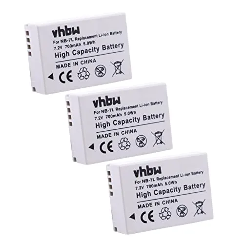 vhbw 3X Akku kompatibel mit Canon PowerShot G10, SX30 is, G11, G12 Kamera (700 mAh, 7,2 V, Li-Ion) - Ersatz für NB-7L