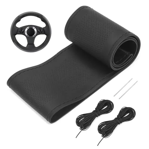 QWORK® Auto Lenkradbezug Universelle, Lenkradhülle 37-38 cm mit Nadel und Faden, rutschfest Lenkradbezug