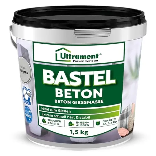 Ultrament Bastel Beton 1,5 kg Hellgrau | Beton-Gießmasse für kreative DIY-Projekte | wasserundurchlässig & frostbeständig für Innen & Außen