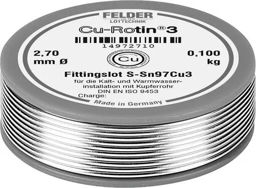 Felder Cu-Rotin 3 Lötzinn, bleifrei 0.100kg 2.7mm Spule - Bleifreies Weichlot für präzise Lötverbindungen, ideal für die Kupferrohrinstallation. Hohe Qualität für professionelle Anwendungen.