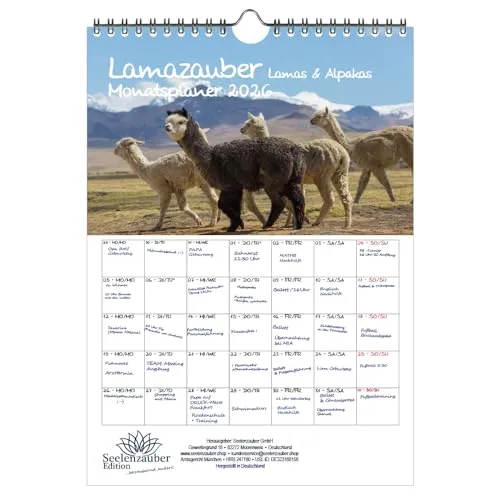 Lamazauber Planer DIN A4 Kalender für 2026 Lama Alpaka - Seelenzauber