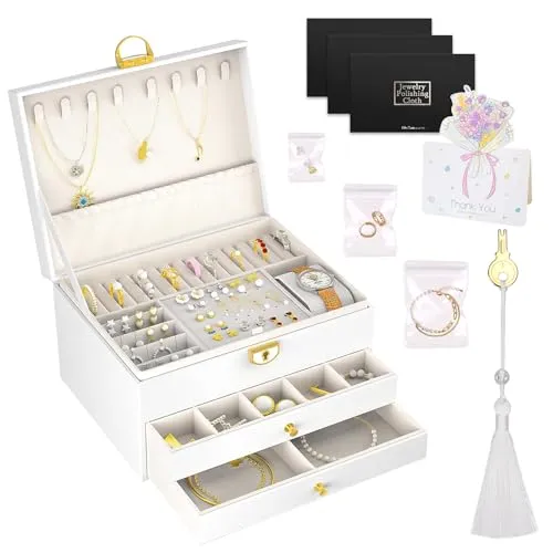 TOSUTO Schmuckkästchen,Schmuckkasten mit 2-Schubladen und 3-Ebenen,für Halsketten,Ohrringe,Armbänder und Ringe Enthält 3-Silbertücher,1-Quaste und 15-Schmucktaschen in 3-verschiedenen Größen