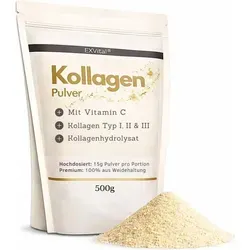 EXVital Kollagen Pulver mit Vitamin C, 500g - Hochwertiges Kollagen Pulver mit Vitamin C, geschmacksneutral und perfekt löslich. Ideal zum Mischen in Getränken für eine einfache Anwendung. 100% natürliche Zutaten, ohne Zusätze.