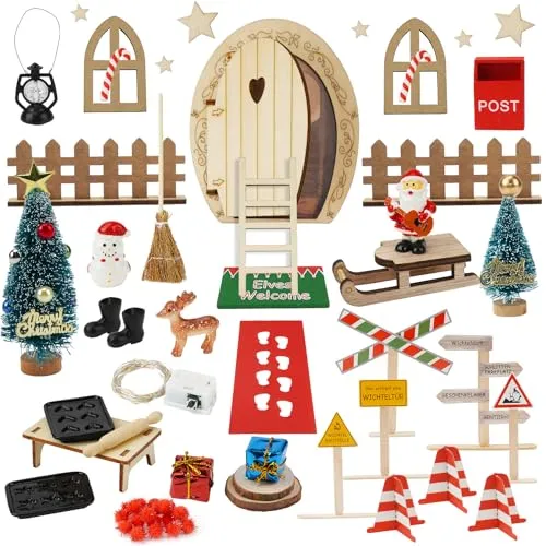 Goffii Wichteltür Set, 40 PCS Wichteltür Zubehör Weihnachten mit Licht, Wichteltür Komplettset mit Baustelle, DIY Geschenke für Kinder, Wichtel Zubehör mit Feentür, Briefkasten, Stiefel, Zaun, Leiter