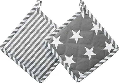 REDBEST Topflappen in Wendeoptik 2er- Pack grau Größe 20x20 cm - Sterne und Streifen, hitzebeständige Wattierung, feines, glattes Gewebe (weitere Farben)