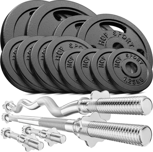 Hop-Sport GUSS Hantelset 66 kg, 1x Langhantel, 1x SZ Stange & 2X Kurzhantel inkl. 12 Hantelscheiben 2x10kg/2x5kg/4x2,5kg/4x1,25kg