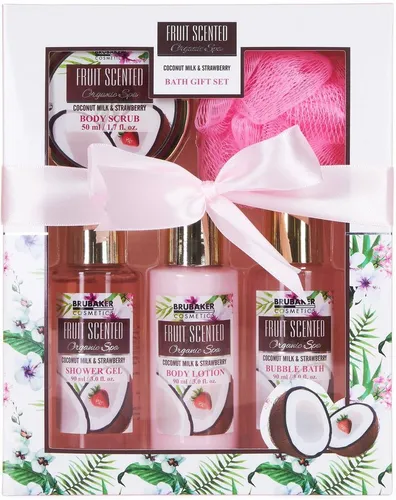 BRUBAKER Pflege-Geschenkset Badeset mit Erdbeeren & Kokosnuss Duft, Beauty Geschenkset, 5-tlg., Frauen Geschenk Set in Sichtfensterbox, Beauty Pflegeset für Damen
