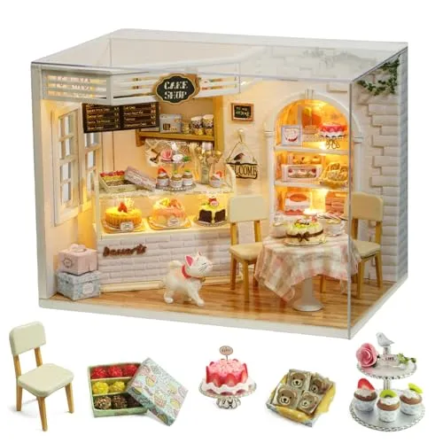 CUTEROOM DIY 3D-Puppenhaus aus Holz, Miniatur-Bastelset – Kreativraum mit Staubschutz und Möbeln (Cake Diary)