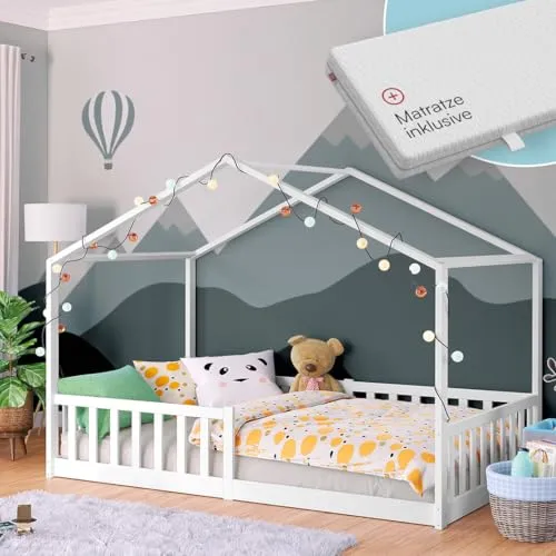 Bellabino Bia Kinderbett 120x200 cm – Montessori Hausbett mit Rausfallschutz - Kleinkindbett aus massivem Kiefernholz, fördert Selbstständigkeit und Sicherheit – inklusive Matratze und Lattenrost für erholsame Nächte.