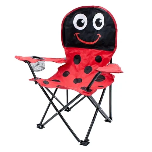 Spetebo Kinder Campingstuhl mit Getränkehalter - Motiv Marienkäfer - Garten Kinderstuhl faltbar mit Tragetasche - Freizeit Klappstuhl Anglersessel faltbar