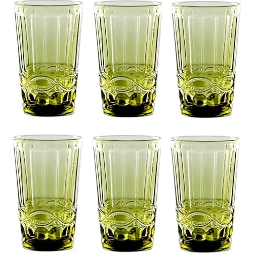 GMMH Vintage 6er-Set Farbige Weingläser und Trinkgläser mit Prägung Relief (Schleife, Grün, Trinkglas) Weinglas, Kelch Wasserglas, Longdrinkgläser, Cocktail Gläser, Glas, Glaskelche