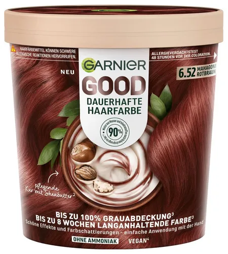 GARNIER GOOD Dauerhafte Haarfarbe - 6.52 Mahagoni Rotbraun - Die GARNIER GOOD Dauerhafte Haarfarbe in 6.52 Mahagoni Rotbraun bietet eine einfache Anwendung für eine lebendige, langanhaltende Farbe und enthält eine pflegende Haarkur. Ideal für strahlende Ergebnisse und glänzende Reflexe.