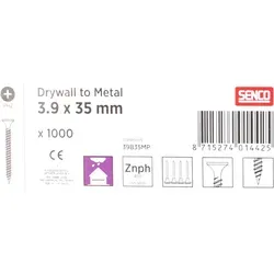 SENCO Gipskartonschrauben phosphatiert 3,9 x 35 mm - 1000 Stk. (39B35MP) - Schrauben, ideal für die sichere Befestigung von Gipskartonplatten, mit hoher Korrosionsbeständigkeit durch phosphatierte Oberfläche.