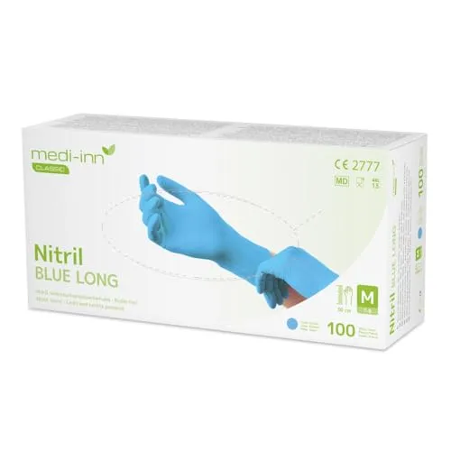 Medi-Inn® PS Handschuhe Nitril puderfrei Long blau Größe M 1000 - Langschaft-Einmalhandschuhe aus Nitril in medizinischer Qualität, ideal für den Lebensmittelsektor und hohen Spritzschutz. Perfekt für Gastronomie und Pflege.