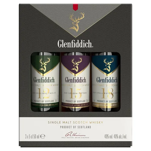 Glenfiddich Miniaturen Set 12, 15, 18 Jahre - Entdecken Sie die Vielfalt von Glenfiddich mit diesem Set aus 3 Miniaturen (je 0,05l). Ideal für Whisky-Liebhaber, um die verschiedenen Aromen zu genießen.
