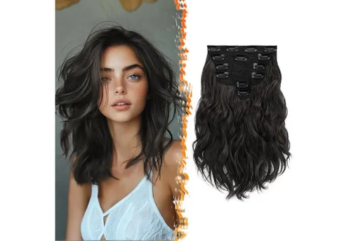 LuxusKollektion Kunsthaar-Extension Clip in Haarverlängerungen Schwarz Braun 30cm Wellige Extensions 6PCs