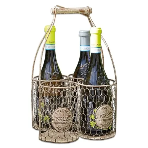 Loberon Flaschenkorb Alexandre, mit antikem Shabby-Finish, formschöner Griff, bietet Platz für Vier Flaschen, Outdoor, Tischdekoration, Eisen, Tannenholz, grau