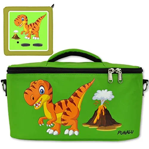 PUNALU Tasche für Toniebox inkl. Schutzfolie passend für Toniebox, Platz für 30 Tonies, Ladegerät und Kopfhörer, Set Toniebox Tasche + Toniebox Aufkleber (grün Dinosaurier T-Rex)