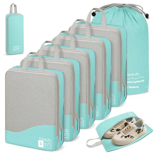 Kompressions Packwürfel Set 8-teilig - Kofferorganizer für effiziente Gepäckorganisation, spart bis zu 50% Platz und sorgt für eine perfekte Trennung von sauberer und schmutziger Kleidung.